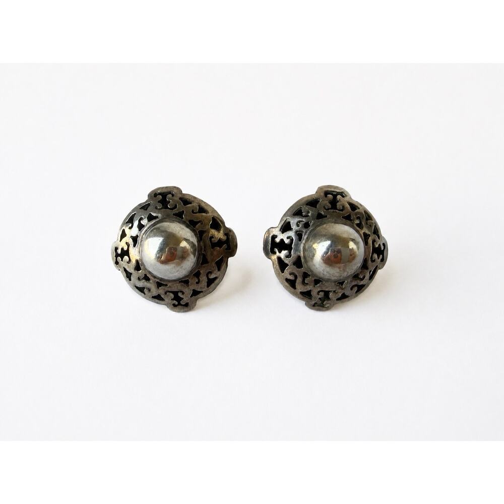 Sterling Silver 925 Filigree Shadowbox Screw Back Earrings Hecho Mexico Vintage - Picture 5 of 10